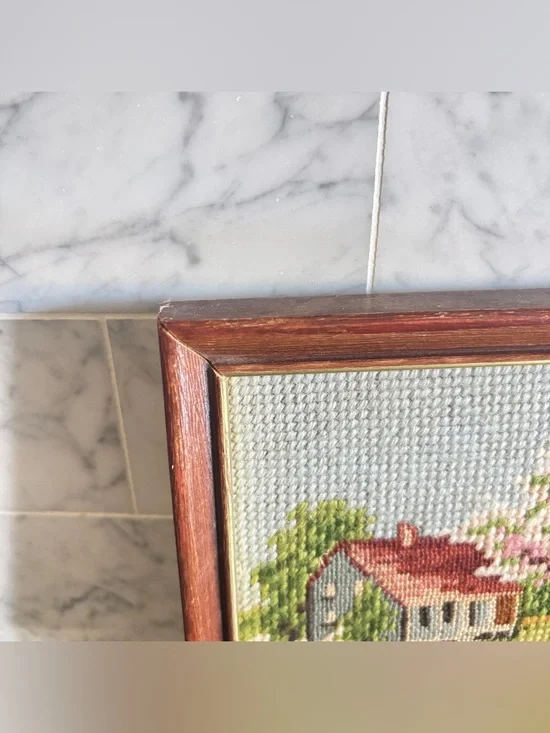 Vintage Pair of Small Framed Needlepoint Art of Spring and Winter Landscapes - Picture 7 of 10